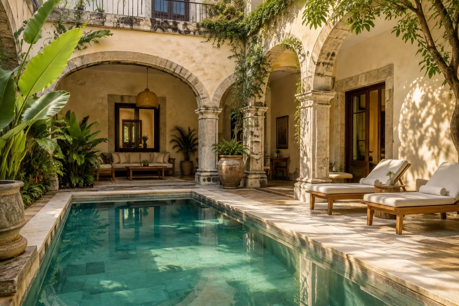 Patio de hotel boutique, escena editorial